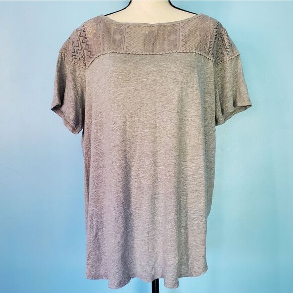 Ava & Viv Light Gray Lace Detail Linen Blend Short Sleeve Shirt - Picture 1 of 6